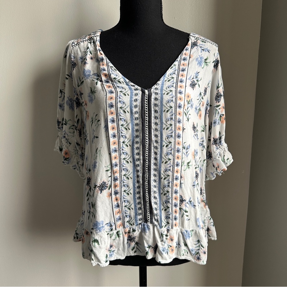 Lucky Brand Floral Print Top - White and Blue